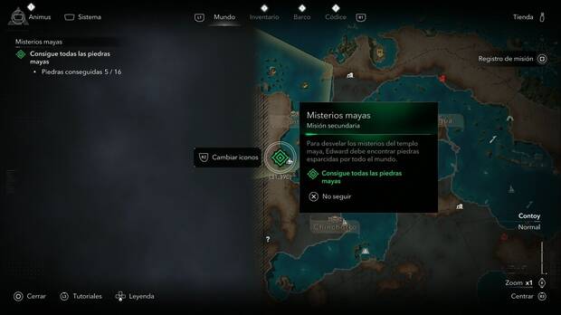Assassin's Creed Black Flag Resynced - Misiones secundarias comunes, punto donde se completa la misón Misterios mayas en Tulum, región de Contoy