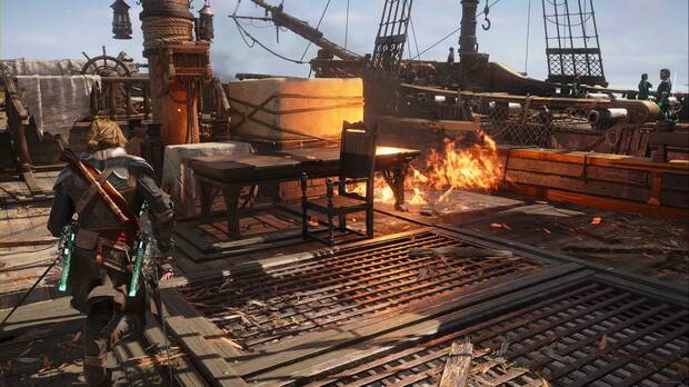 Assassin's Creed Black Flag Resynced - Barcos en llamas, silla en el centro de la cubierta de un barco en llamas