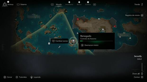 Assassin's Creed Black Flag Resynced - Contratos de Asesino, ubicaci�n del punto donde se activa Renegado en New Bone, sudeste de Serranilla