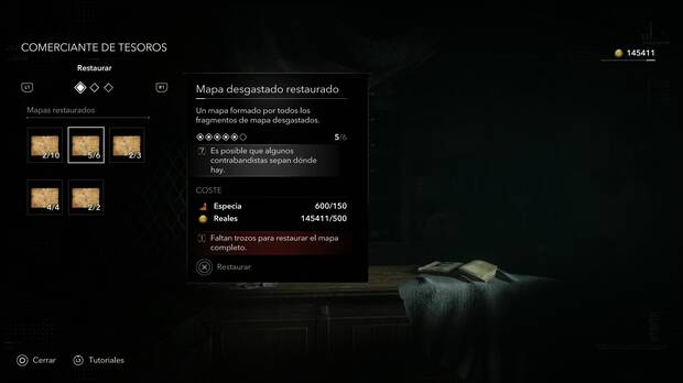 Assassin's Creed Black Flag Resynced - Trozos de mapa; men� de restauraci�n de mapas del Comerciante de tesoros de Gran Inagua