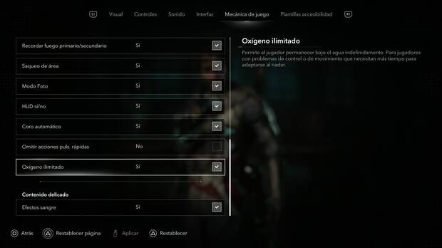 Assassin's Creed Black Flag Resynced - Ox�geno ilimitado, opci�n del men� donde se activa el ox�geno ilimitado