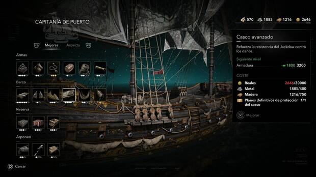 Assassin's Creed Black Flag Resynced - Mejoras definitivas, men� de mejoras del barco seleccionando una de las mejoras definitivas