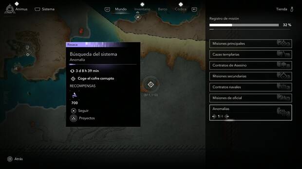 Assassin's Creed Black Flag Resynced - Anomalías, menú de registros de misión destacando la sección de Anomalías