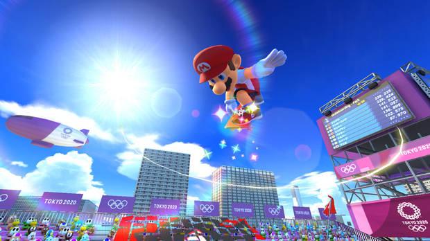 Mario se sube al monopatín en una de las nuevas disciplinas de esta entrega.
