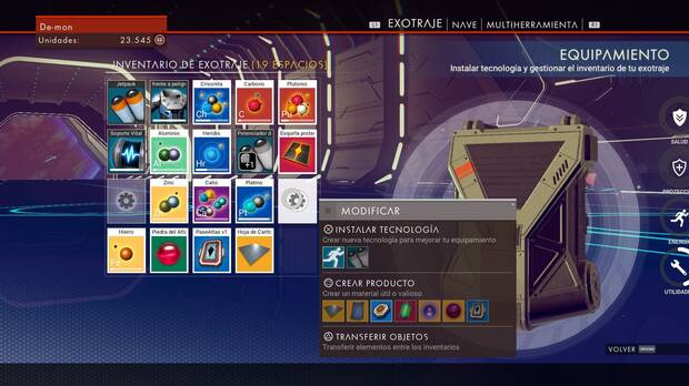 Añadir tecnología resta espacio para los recursos en el exotraje, la nave y la multiherramienta.