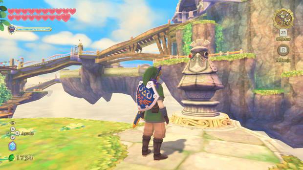 The Legend of Zelda Skyward Sword HD - estatua de pelícaro en Altárea con la gema de la ordalía