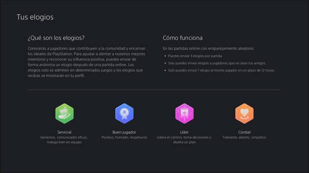 Seccin de Elogios en el perfil de PS5.