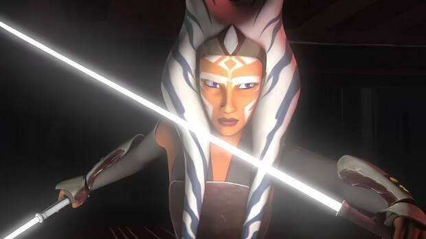 Ahsoka Tano en su versión animada con los sables láser blancos