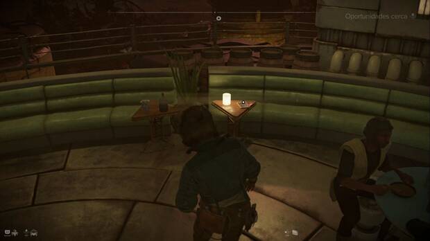 Star Wars Outlaws - Cámara del Alba Escarlata: ubicación de la mesa de la terraza donde se encuentra el cuaderno Rumores...