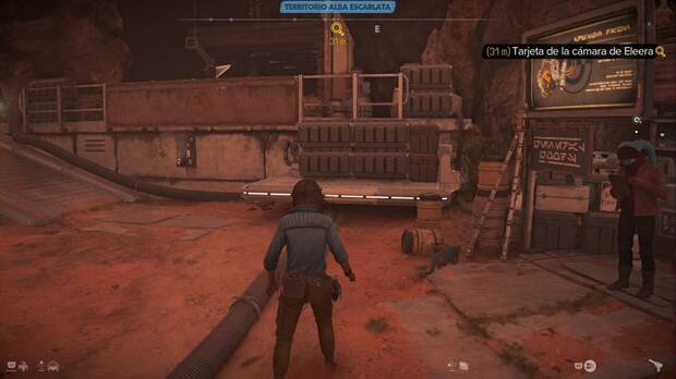 Star Wars Outlaws - Cámara del Alba Escarlata: cajas junto al comerciante en la base del Alba Escarlata en los campos de pasto