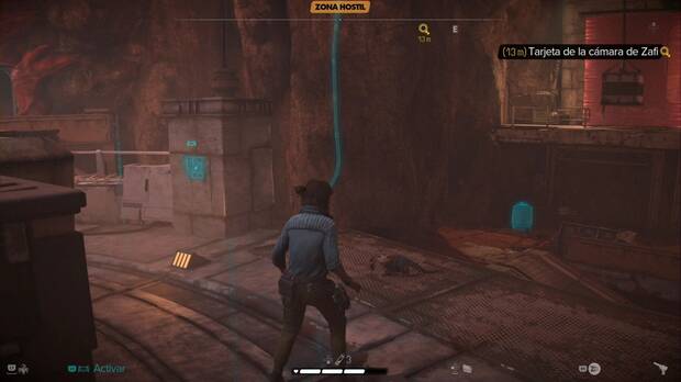 Star Wars Outlaws - Cámara del Alba Escarlata: caja, dispositivo y raíl en la zona central del taller de ladrón de naves