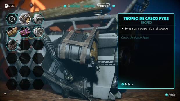 Star Wars Outlaws - Speeder: mejoras y objetos de personalización: trofeo de casco Pyke