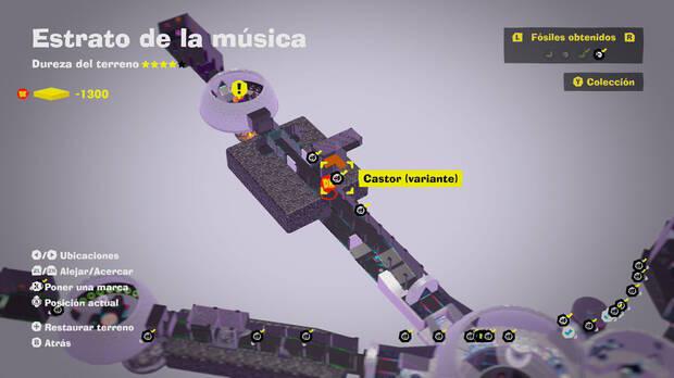 Donkey Kong Bananza - Localización en el mapa del fósil Castor (variante) 24 y 25 en Estrato de la música