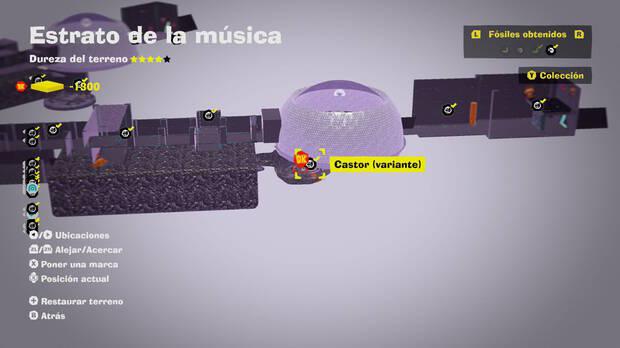 Donkey Kong Bananza - Localización en el mapa del fósil Castor (variante) 29 en Estrato de la música