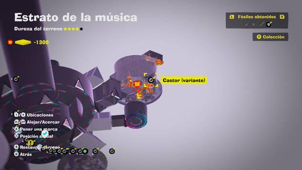 Donkey Kong Bananza - Localización en el mapa del fósil Castor (variante) 21 en Estrato de la música