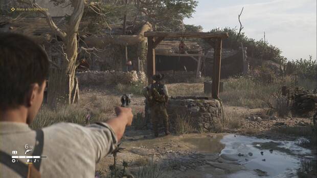 Mafia: The Old Country - Pizzu, Enzo apunta a uno de los bandidos que han robado la bomba de agua de Fichera