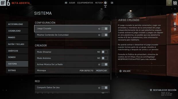Battlefield 6 - Men para activar o desactivar el ajuste de juego cruzado (crossplay)