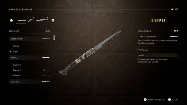 Mafia: The Old Country - Vendetta d'onore, cuchillo scannaturi en el menú de selección de armas