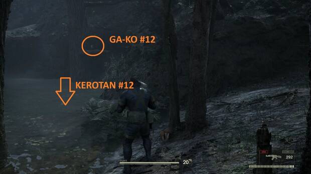 Metal Gear Solid Delta - Chyornyj Prud, ubicación del GA-KO #12 en una rama y la Kerotan #12 bajo el agua