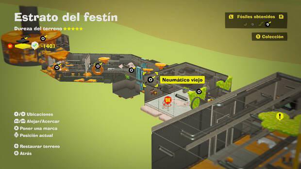 Donkey Kong Bananza - Localización en el mapa del fósil Neumático viejo 57 en Estrato del festín