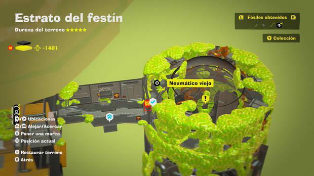 Donkey Kong Bananza - Localización en el mapa del fósil Neumático viejo 60 en Estrato del festín