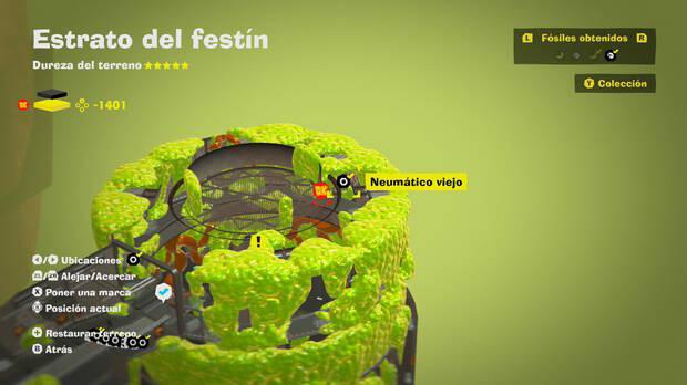 Donkey Kong Bananza - Localización en el mapa del fósil Neumático viejo 61 en Estrato del festín