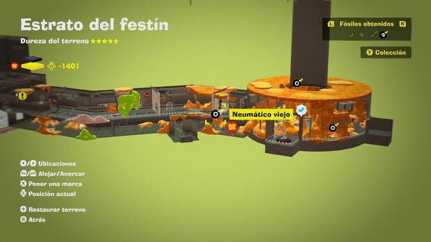 Donkey Kong Bananza - Localización en el mapa del fósil Neumático viejo 53 en Estrato del festín