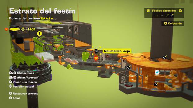 Donkey Kong Bananza - Localización en el mapa del fósil Neumático viejo 54 en Estrato del festín