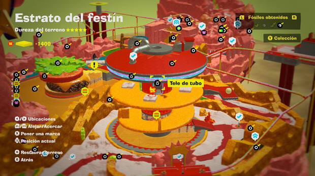 Donkey Kong Bananza - Localización en el mapa del fósil Tele de tubo 04 en Estrato del festín