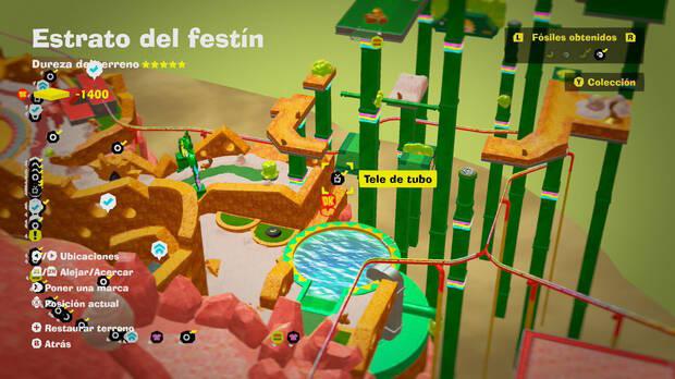 Donkey Kong Bananza - Localización en el mapa del fósil Tele de tubo 05 en Estrato del festín