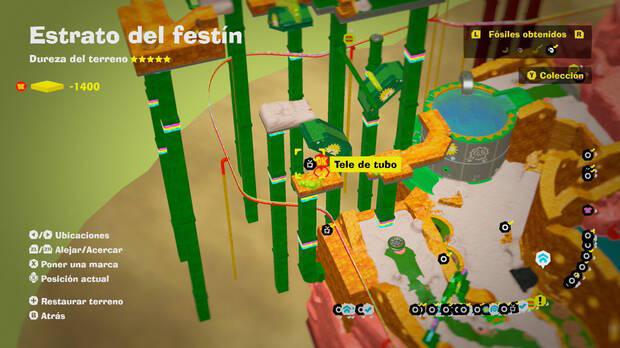 Donkey Kong Bananza - Localización en el mapa del fósil Tele de tubo 06 en Estrato del festín