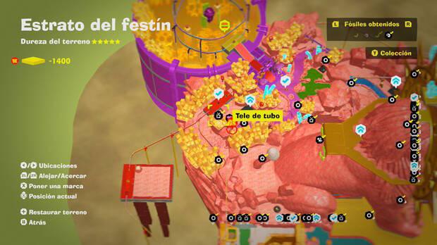 Donkey Kong Bananza - Localización en el mapa del fósil Tele de tubo 07 en Estrato del festín