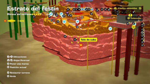 Donkey Kong Bananza - Localización en el mapa del fósil Tele de tubo 09 en Estrato del festín