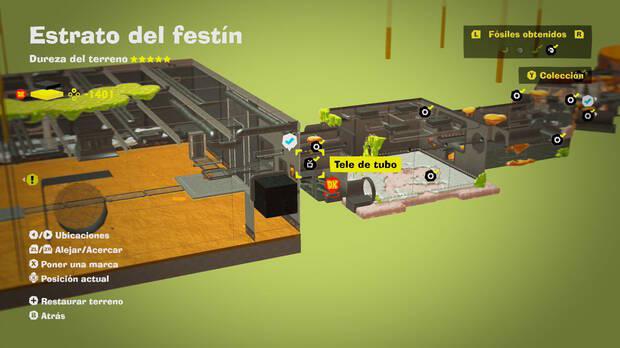 Donkey Kong Bananza - Localización en el mapa del fósil Tele de tubo 10 en Estrato del festín