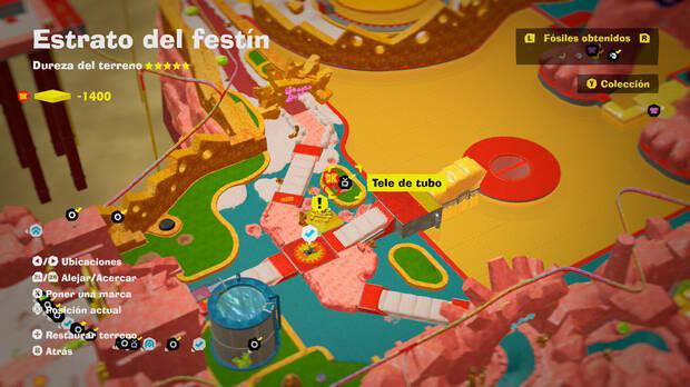 Donkey Kong Bananza - Localización en el mapa del fósil Tele de tubo 02 en Estrato del festín