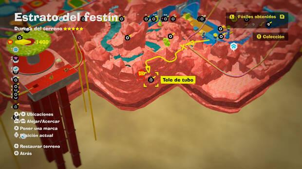 Donkey Kong Bananza - Localización en el mapa del fósil Tele de tubo 08 en Estrato del festín