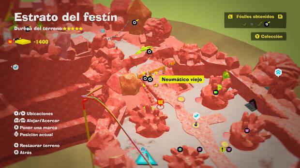Donkey Kong Bananza - Localización en el mapa del fósil Neumático viejo 05 y 06 en Estrato del festín