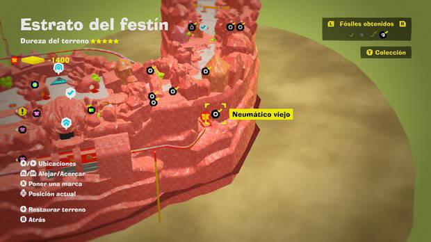Donkey Kong Bananza - Localización en el mapa del fósil Neumático viejo 08 en Estrato del festín