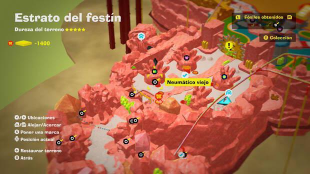 Donkey Kong Bananza - Localización en el mapa del fósil Neumático viejo 09 en Estrato del festín