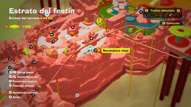 Donkey Kong Bananza - Localización en el mapa del fósil Neumático viejo 10 en Estrato del festín