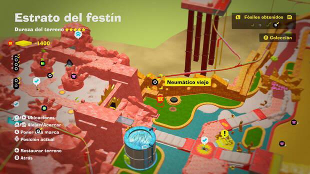 Donkey Kong Bananza - Localización en el mapa del fósil Neumático viejo 11 en Estrato del festín