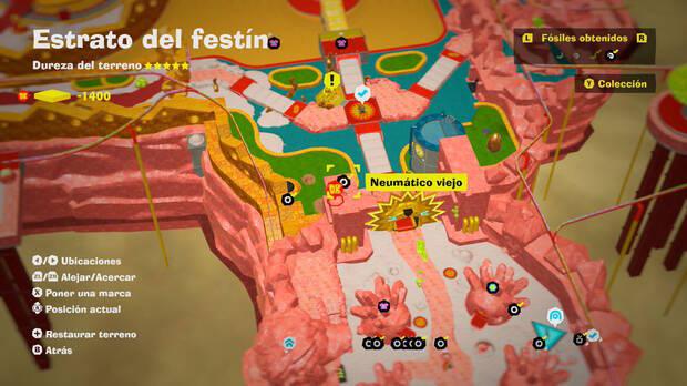 Donkey Kong Bananza - Localización en el mapa del fósil Neumático viejo 12 en Estrato del festín