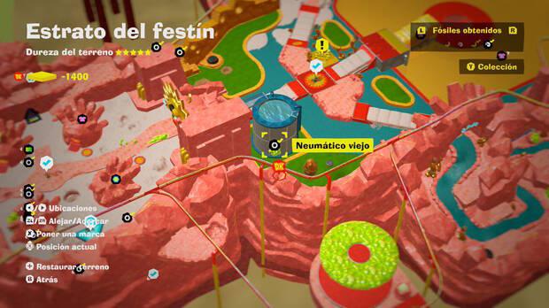 Donkey Kong Bananza - Localización en el mapa del fósil Neumático viejo 13 en Estrato del festín