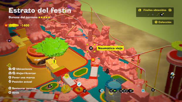 Donkey Kong Bananza - Localización en el mapa del fósil Neumático viejo 14 en Estrato del festín