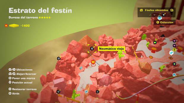 Donkey Kong Bananza - Localización en el mapa del fósil Neumático viejo 03 en Estrato del festín