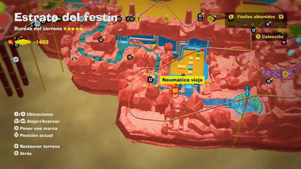 Donkey Kong Bananza - Localización en el mapa del fósil Neumático viejo 22 en Estrato del festín