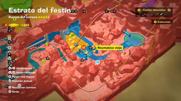 Donkey Kong Bananza - Localización en el mapa del fósil Neumático viejo 23 en Estrato del festín