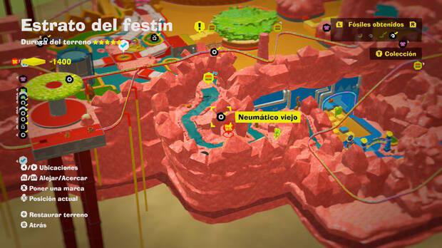 Donkey Kong Bananza - Localización en el mapa del fósil Neumático viejo 15 en Estrato del festín