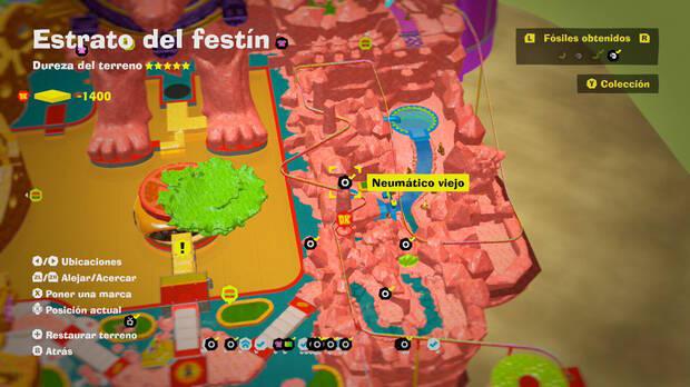 Donkey Kong Bananza - Localización en el mapa del fósil Neumático viejo 17 en Estrato del festín