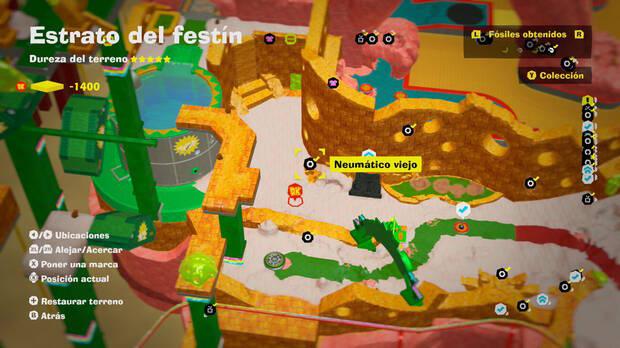 Donkey Kong Bananza - Localización en el mapa del fósil Neumático viejo 33 en Estrato del festín